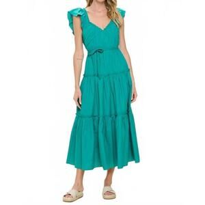Pinch Teal Tiered Ruffle Maxi Dress Women’s Size L Boho Flutter Sleeve Tie Waist